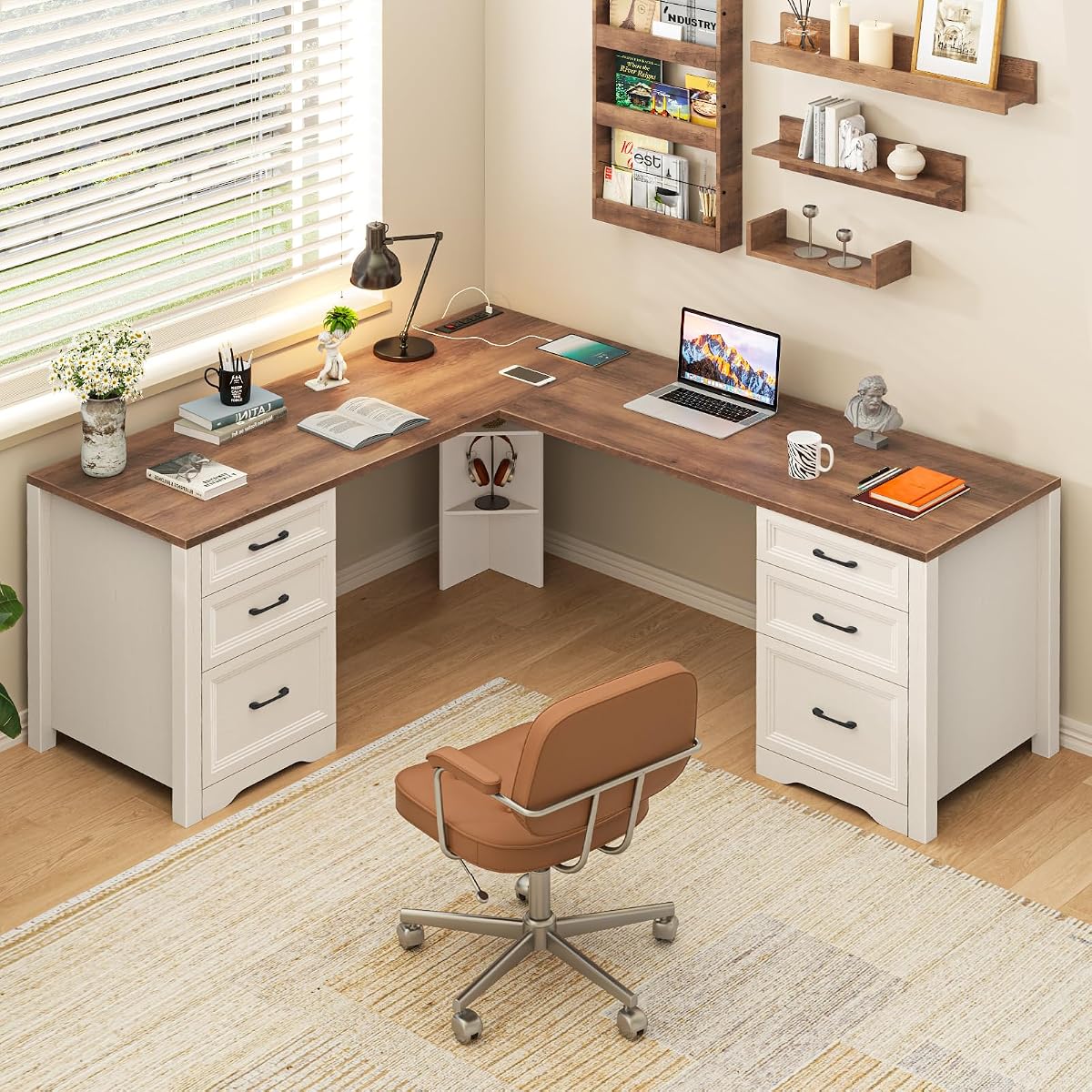 Farmhouse Home Office Desk with 6 Drawers