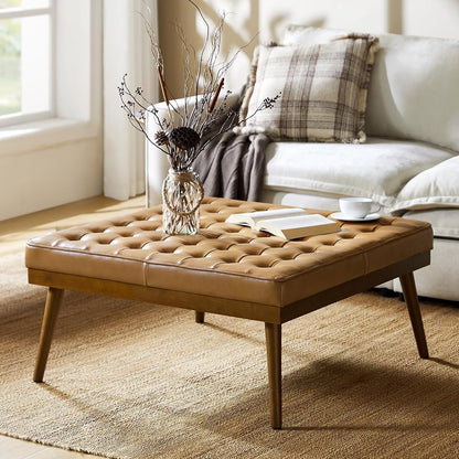 36" Genuine Leather Square Tufted Ottoman Coffee Table, Camel | 100% Genuine Leather, Button Tufted Style, Solid Wooden Flared Legs, Mid-Century Modern Extra Seating for Living Room