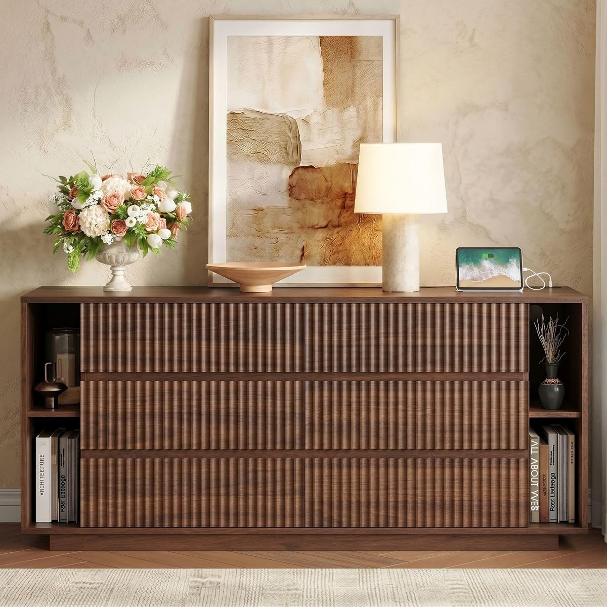 63 Inch Fluted 6 Drawers Dresser with Shelves, Walnut