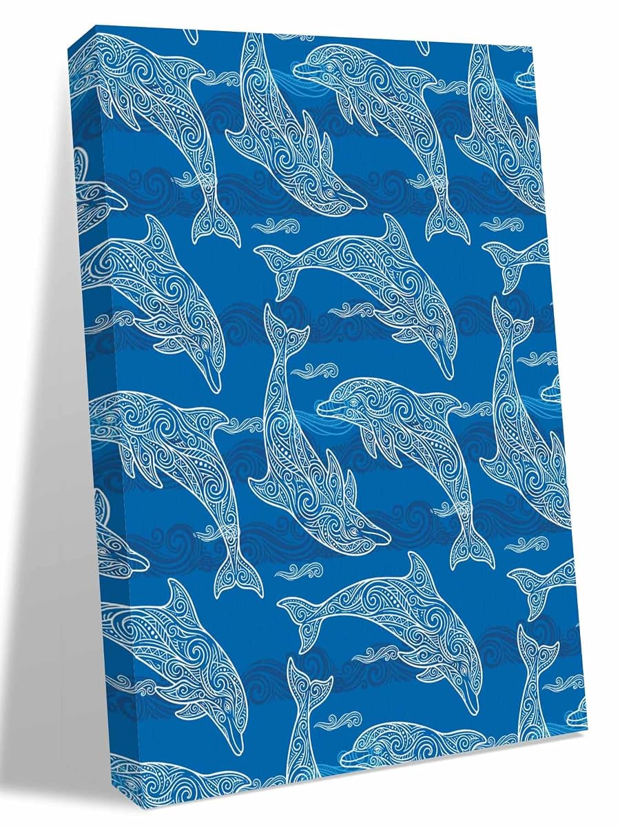 NuYeBiofx Summer Ocean Blue Dolphin Canvas Wall Art Prints,48"x32" Framed Picture Artwork Abstract Waves Texture Printed Canvas Oil Painting for Living Room Bedroom Office,Ready to Hang