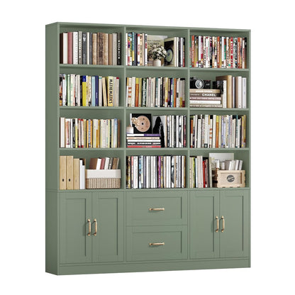 71" Tall Triple Wide Bookshelf with Storage Drawers & Doors, Green