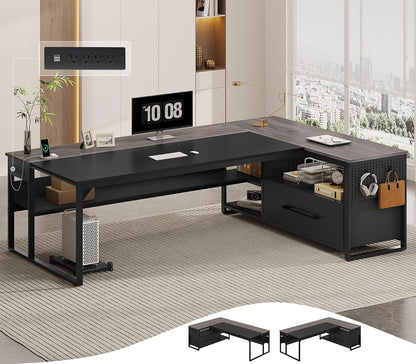 71" Executive Desk, L Shaped Office Desk with Widen File Drawers
