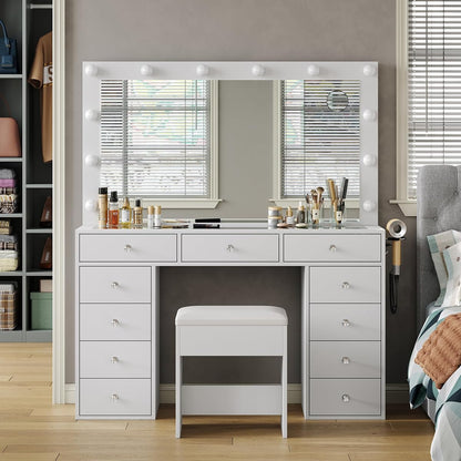 Vanity Desk with Power Outlet, Makeup Vanity with Mirror and 12 LED Lights, 3 Lighting Modes,11 Drawers Vanity Table with Chair, Glass Top, Dressing Table for Bedroom,Dressing Room, White