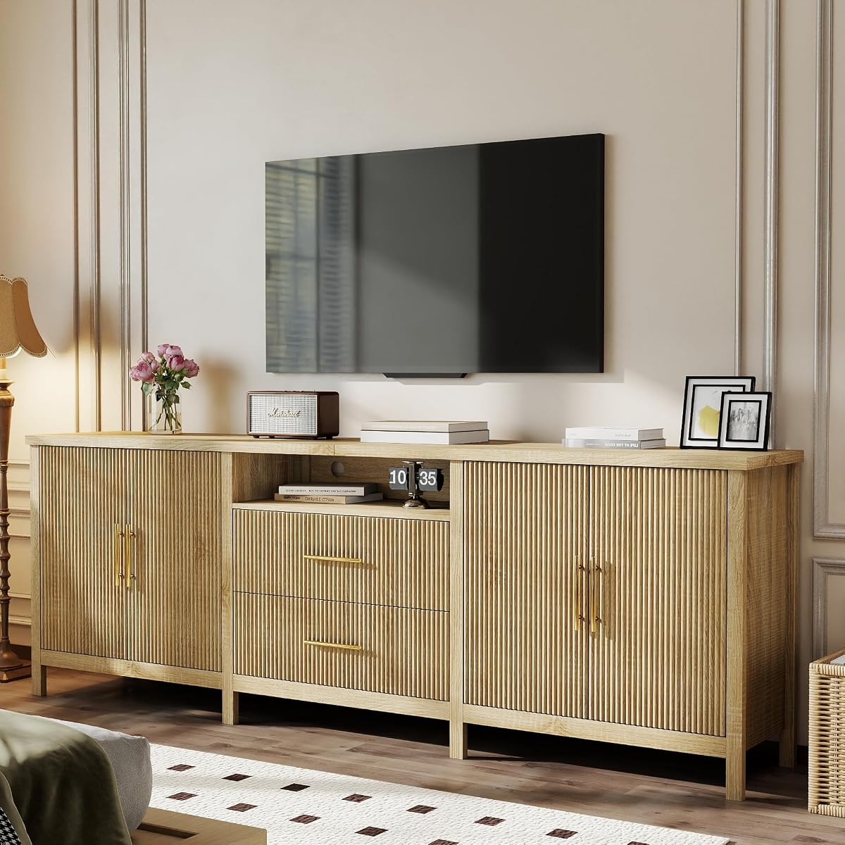 Oak TV Stand Long: 95" Fluted Entertainment Center for 100" TVs