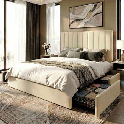 Queen Platform Bed Frame with 4 Storage Drawers, Vertical Channel Tufted Adjustable Headboard, Velvet Upholstered, Wooden Slats Support, No Box Spring Needed, Easy Assembly, Cream