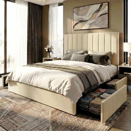 Queen Platform Bed Frame with 4 Storage Drawers