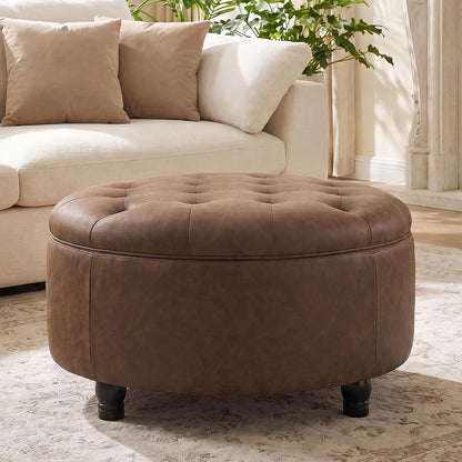 30-Inch Round Storage Ottoman, Button Tufted Ottoman Coffee Table with Removable Top for Living Room, Bedroom, Office (Cognac Tan)