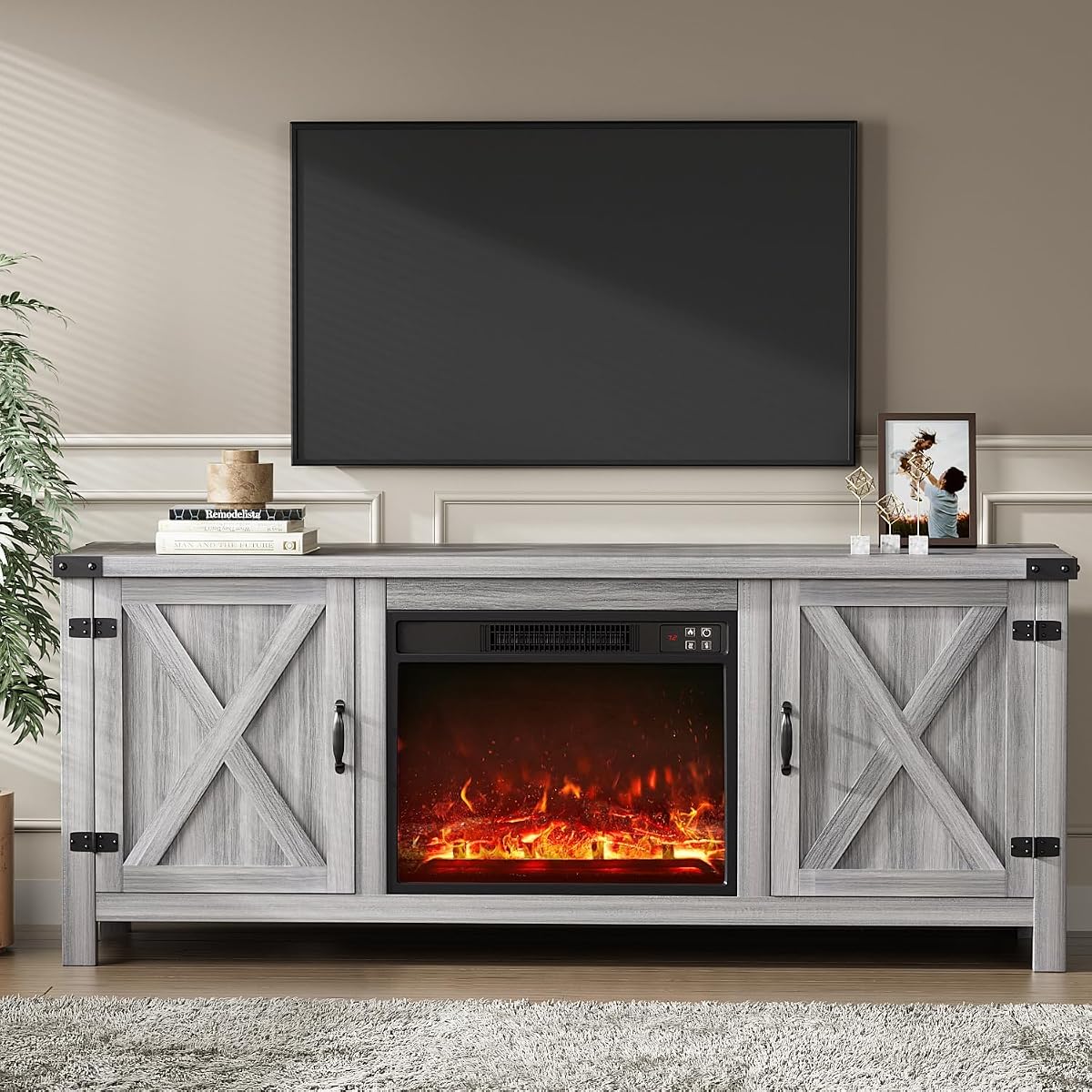 58 Inch Fireplace TV Stand for TVs up to 65 Inch, Gray Wash