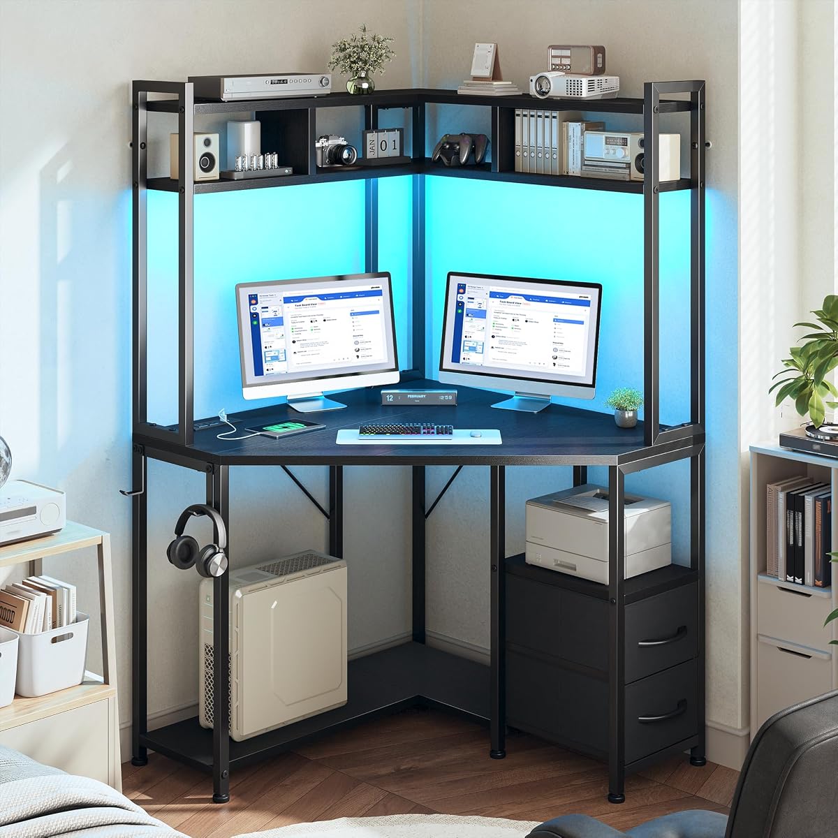 63"Triangular Corner Desk with Hutch,Ample Storage for Small Room