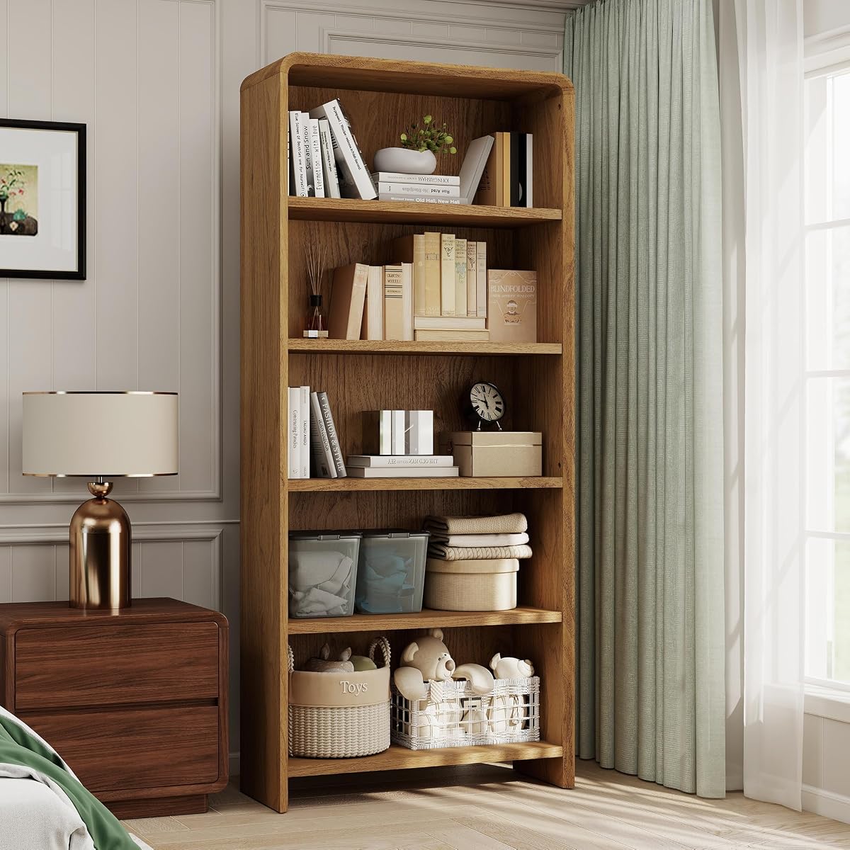71" Tall Bookcase 5 Shelves Wood Bookshelf with Curved Soft Edges
