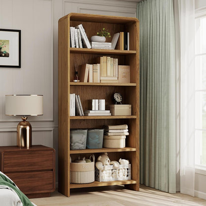 71" Tall Bookcase 5 Shelves Wood Bookshelf with Curved Soft Edges