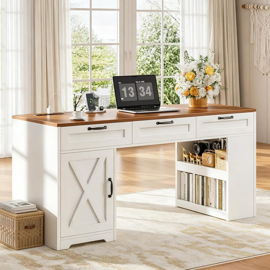 55'' Farmhouse Computer Desk with Drawers for Home Office, Walnut White