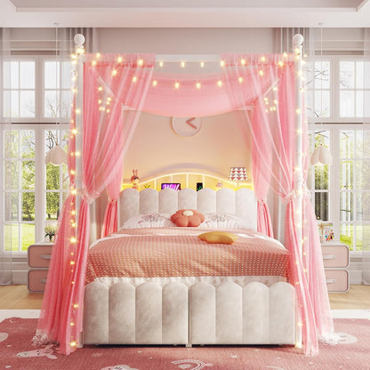 Full Canopy Bed Frame with 2 Drawers and LED & Charging,White