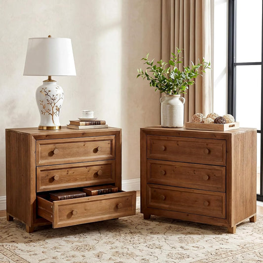 Solid Wood Nightstand with 3 Drawers Set of 2