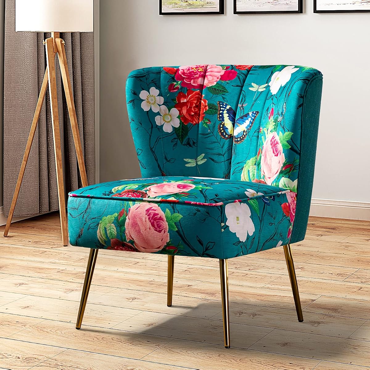 Accent Chair with Golden Metal Legs, Comfy Tufted Wingback Living Room Chair Floral Fabric Small Armless Side Chair, Upholstered Slipper Chair for Bedroom, Reading Room (Flower Print&BLUE)