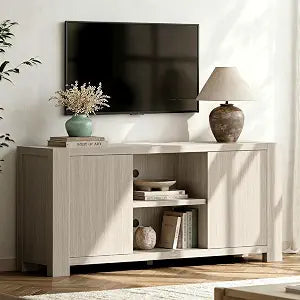 58'' TV Stand for TVs Up to 65'', Entertainment Center with Outlet, 2 Storage Cabinet, Wood Television Media Console Cabinet with Adjustable Shelf for Living Room, Bedroom, White Oak Gray