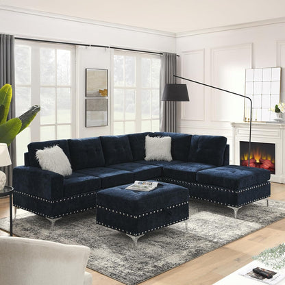 108'' Sectional Couches for Living Room, Modular 5-Seater Couch Sofa with Reversible Chaise & Cup Holders, L-Shaped Corner Sofa with Storage Ottoman for Apartment Office (Chenille, Navy Blue)