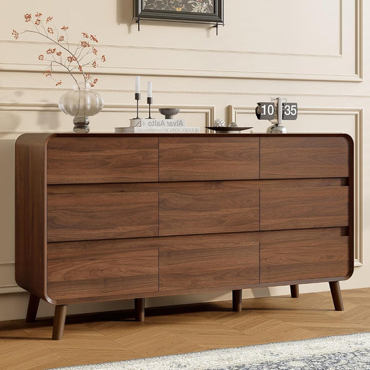 9 Drawer Dresser for Bedroom, Mid Century Modern Wood Chest of Drawers