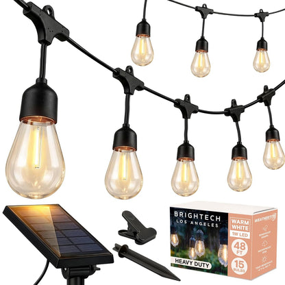 Ambience Pro Solar Powered Outdoor String Lights, 48 ft Commercial Grade Waterproof Patio Lights, Shatterproof LED String Lights for Outside, Porch - 15 Edison Bulbs, 1W Warm White