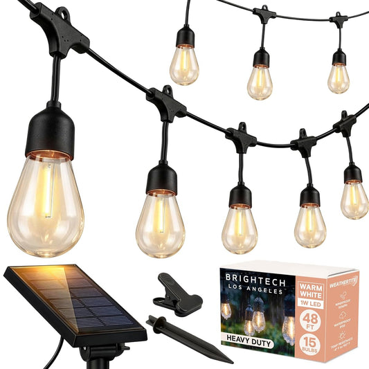 Ambience Pro Solar Powered Outdoor String Lights, 48 ft Commercial Grade Waterproof Patio Lights, Shatterproof LED String Lights for Outside, Porch - 15 Edison Bulbs, 1W Warm White