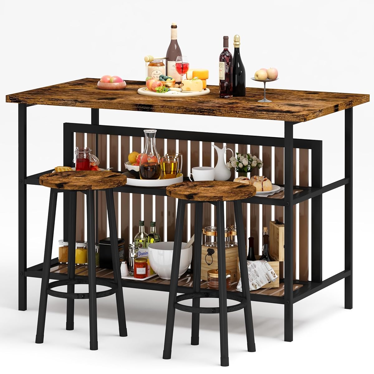 Kitchen Island with Seating & Storage, Farmhouse Dining Table Set for 2, Space-Saving 3 Piece Dining Set Table & Chairs Island Table for Kitchen, Apartment, Dining Room, Rustic Brown