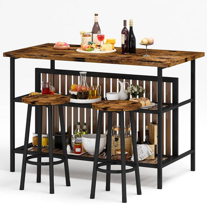 Kitchen Island with Seating & Storage, Farmhouse Dining Table Set for 2, Space-Saving 3 Piece Dining Set Table & Chairs Island Table for Kitchen, Apartment, Dining Room, Rustic Brown