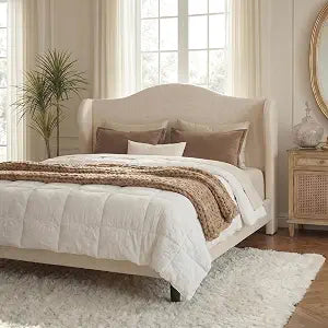 Queen Size Bed Frame, Chenille Wingback, Modern Style, Beige, view 2