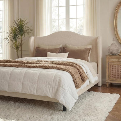 Queen Size Bed Frame, Chenille Wingback, Modern Style, Beige