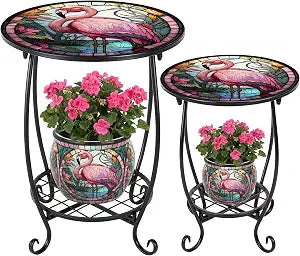 Flamingo mosaic outdoor side tables, set of 2, view 2