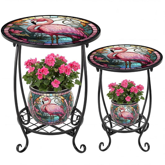 Flamingo mosaic outdoor side tables, set of 2
