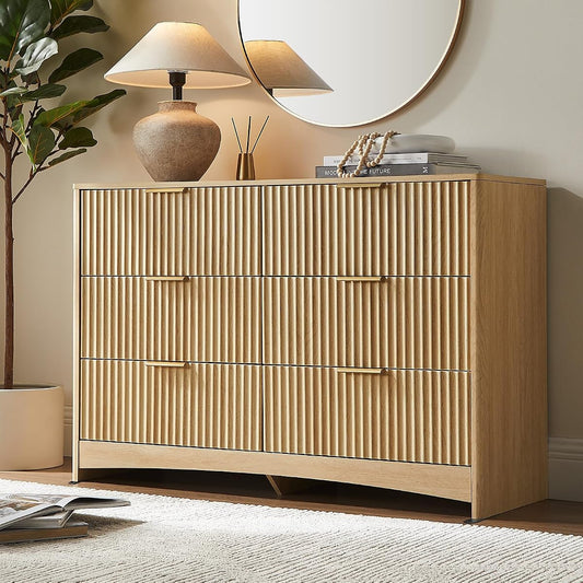 Fluted Dresser for Bedroom, Wide Wooden Dresser with 6 Deep Drawers
