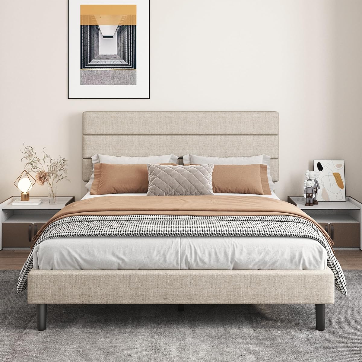 Queen Platform Bed Frame with Adjustable Linen Fabric Upholstered Headboard