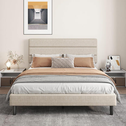 Queen Platform Bed Frame with Adjustable Linen Fabric Upholstered Headboard