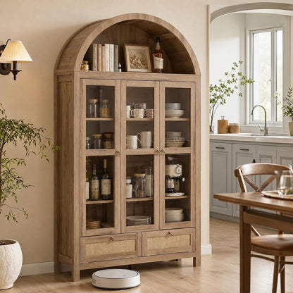 75'' Arched Cabinet Classic Farmhouse Design w/Three Glass Doors