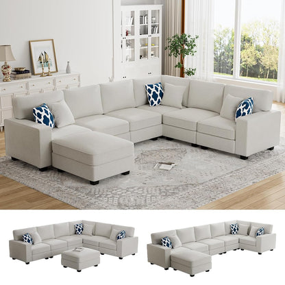 Oversized Modular Sectional Sofa,U/L‑Shaped Reversible Couch with Ottoman,Deep Seat Plush Polyester Sofa for Living Room,7‑Seater,Cream