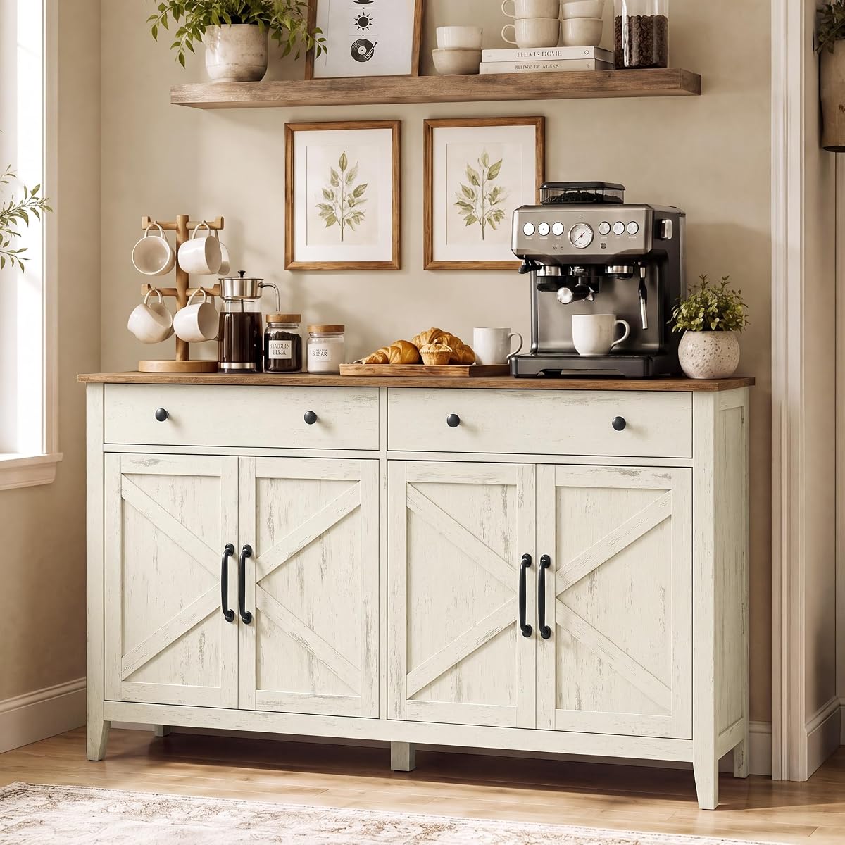 Farmhouse Buffet Cabinet, Coffee Bar with 2 Drawers