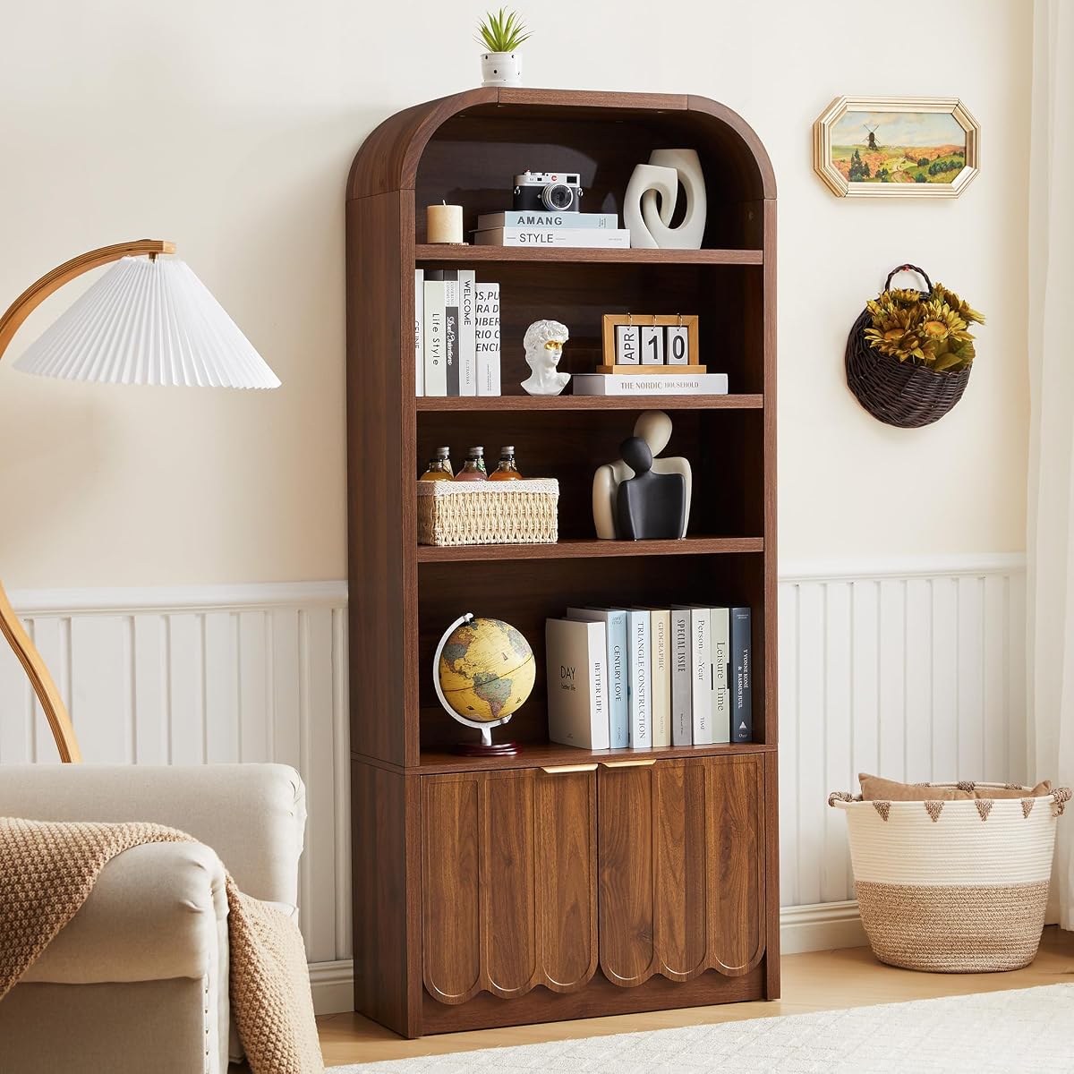 70" Tall Arched Bookshelf with Storage Cabinet, Modern 4-Tier Wood Bookcase with Scalloped Doors & Gold Handles, Open Display Shelves for Living Room, Bedroom, or Home Study Office (Walnut)