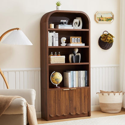 70" Tall Arched Bookshelf with Storage Cabinet, Modern 4-Tier Wood Bookcase with Scalloped Doors & Gold Handles, Open Display Shelves for Living Room, Bedroom, or Home Study Office (Walnut)