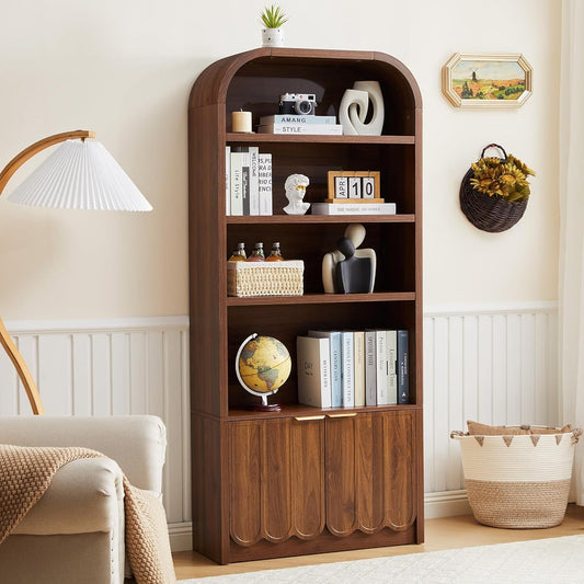 70" Tall Arched Bookshelf with Storage Cabinet, Modern 4-Tier Wood Bookcase with Scalloped Doors & Gold Handles, Open Display Shelves for Living Room, Bedroom, or Home Study Office (Walnut)