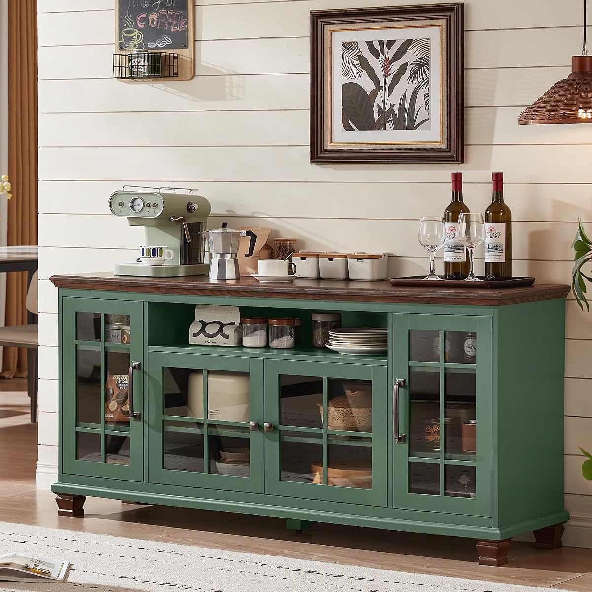 60-Inch Sideboard Buffet Cabinet with Glass Doors,Vintage Green