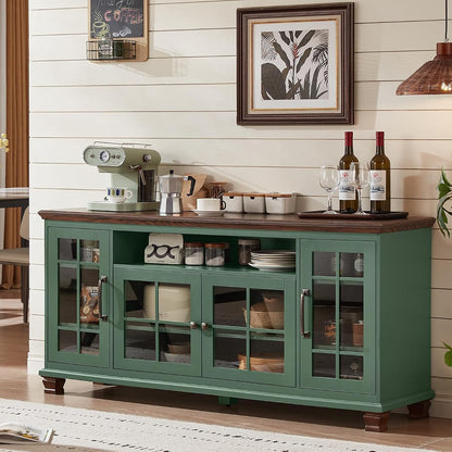 60-Inch Sideboard Buffet Cabinet with Glass Doors,Vintage Green