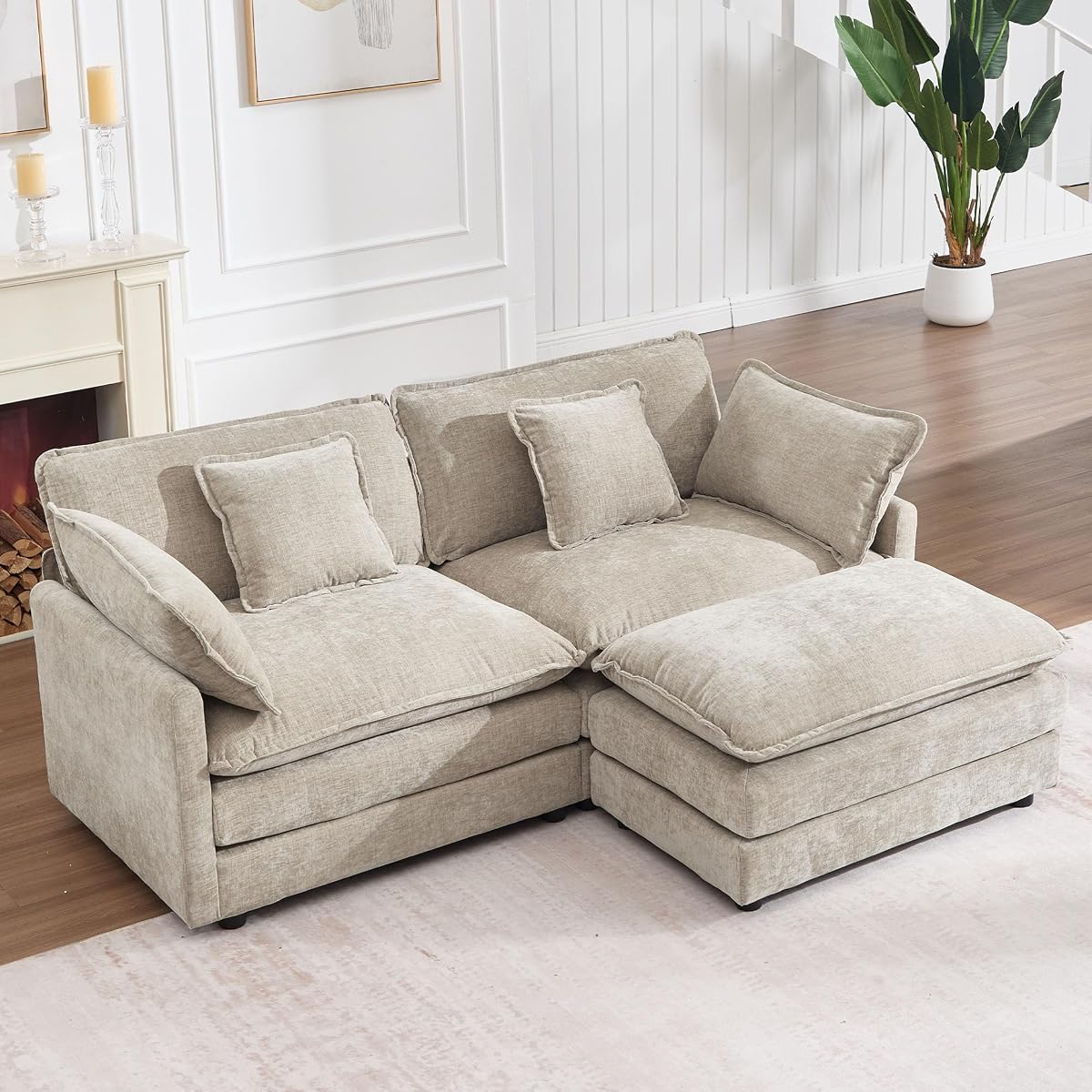 76.7" Cloud Sofa Couch, Modern Chenille Deep 2 Seater Loveseat with Moveable Ottoman and 4 Pillows, Comfy Modular L Shaped Couches for Small Living Room, Apartment, Studio, Office, Camel
