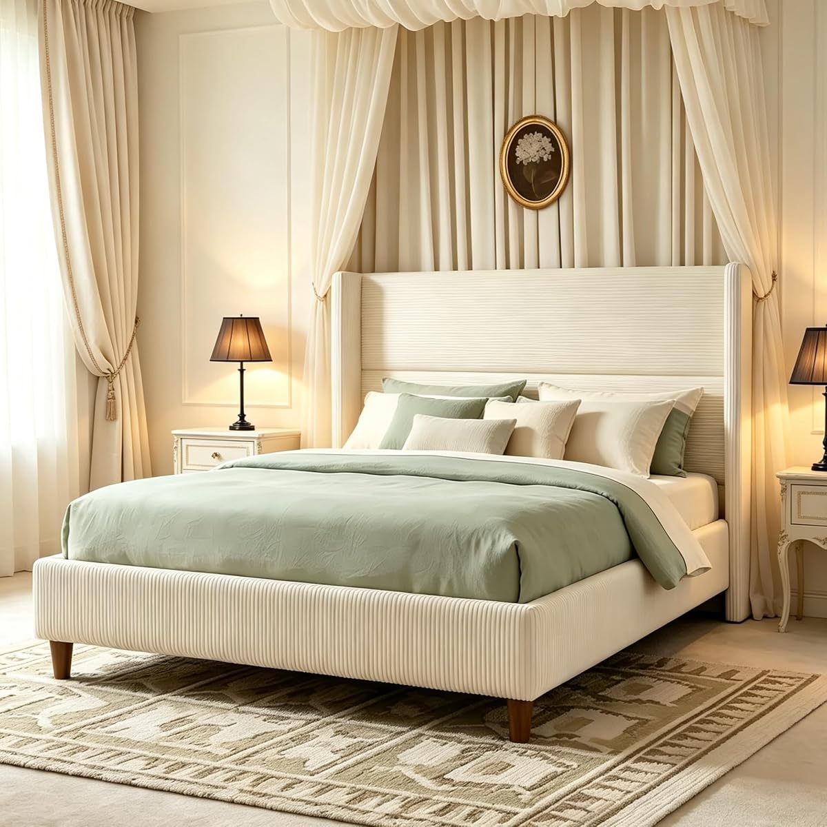 WEUP Queen Size Bed Frame with 56 Inch Corduroy Wingback Headboard, Cream