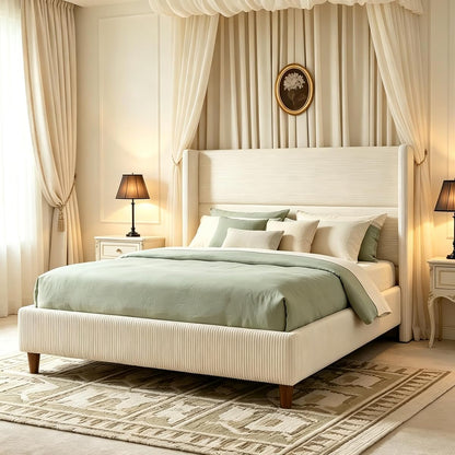 WEUP Queen Size Bed Frame with 56 Inch Corduroy Wingback Headboard, Cream