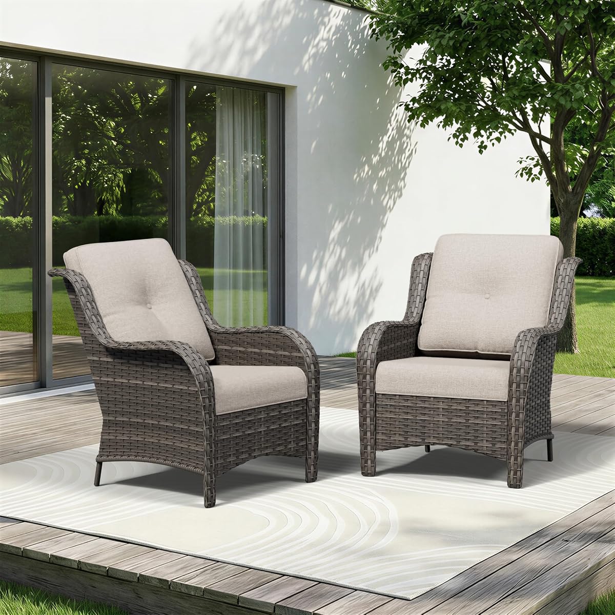 Patio Chairs Set of 2, Outdoor Wicker Patio Furniture Set with Thickened Olefin Cushions, High Back and Deep Seating, Wide Curved Armrest Hand-Woven PE Rattan for Porch, Deck, Beige
