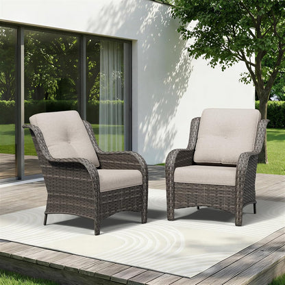 Patio Chairs Set of 2, Outdoor Wicker Patio Furniture Set with Thickened Olefin Cushions, High Back and Deep Seating, Wide Curved Armrest Hand-Woven PE Rattan for Porch, Deck, Beige