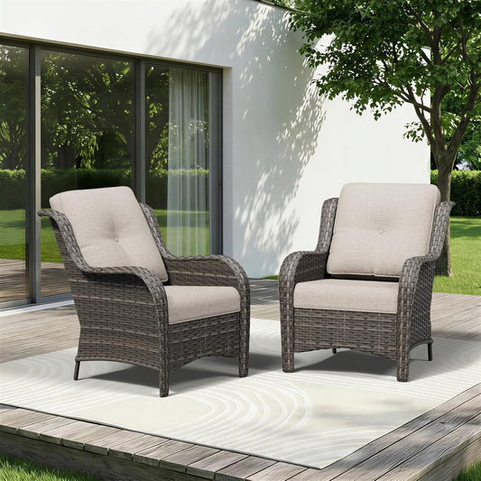 Patio Chairs Set of 2, Outdoor Wicker Patio Furniture Set with Thickened Olefin Cushions, High Back and Deep Seating, Wide Curved Armrest Hand-Woven PE Rattan for Porch, Deck, Beige