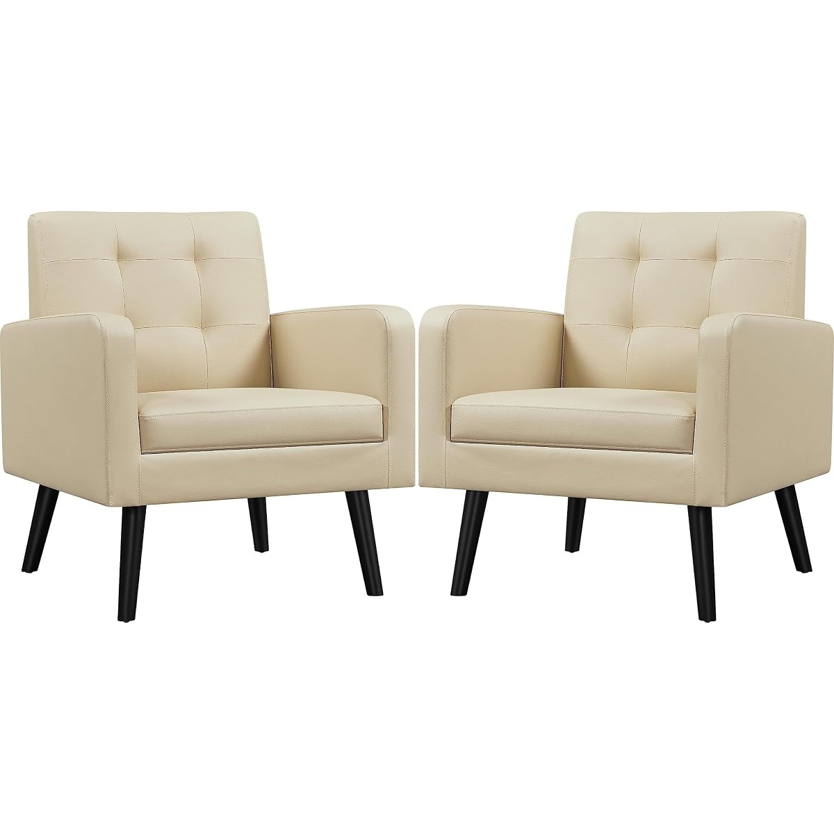 Yaheetech Mid-Century Accent Chairs, PU Leather Modern Upholstered Living Room Chair, Cozy Armchair Button Tufted Back and Wood Legs for Bedroom/Office/Cafe Beige 2PCS