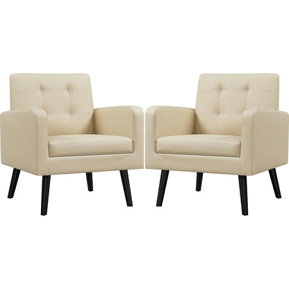 Yaheetech Mid-Century Accent Chairs, PU Leather Modern Upholstered Living Room Chair, Cozy Armchair Button Tufted Back and Wood Legs for Bedroom/Office/Cafe Beige 2PCS
