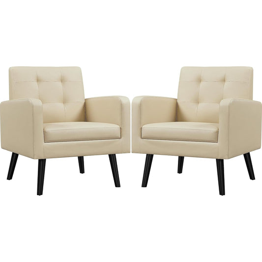 Yaheetech Mid-Century Accent Chairs, PU Leather Modern Upholstered Living Room Chair, Cozy Armchair Button Tufted Back and Wood Legs for Bedroom/Office/Cafe Beige 2PCS